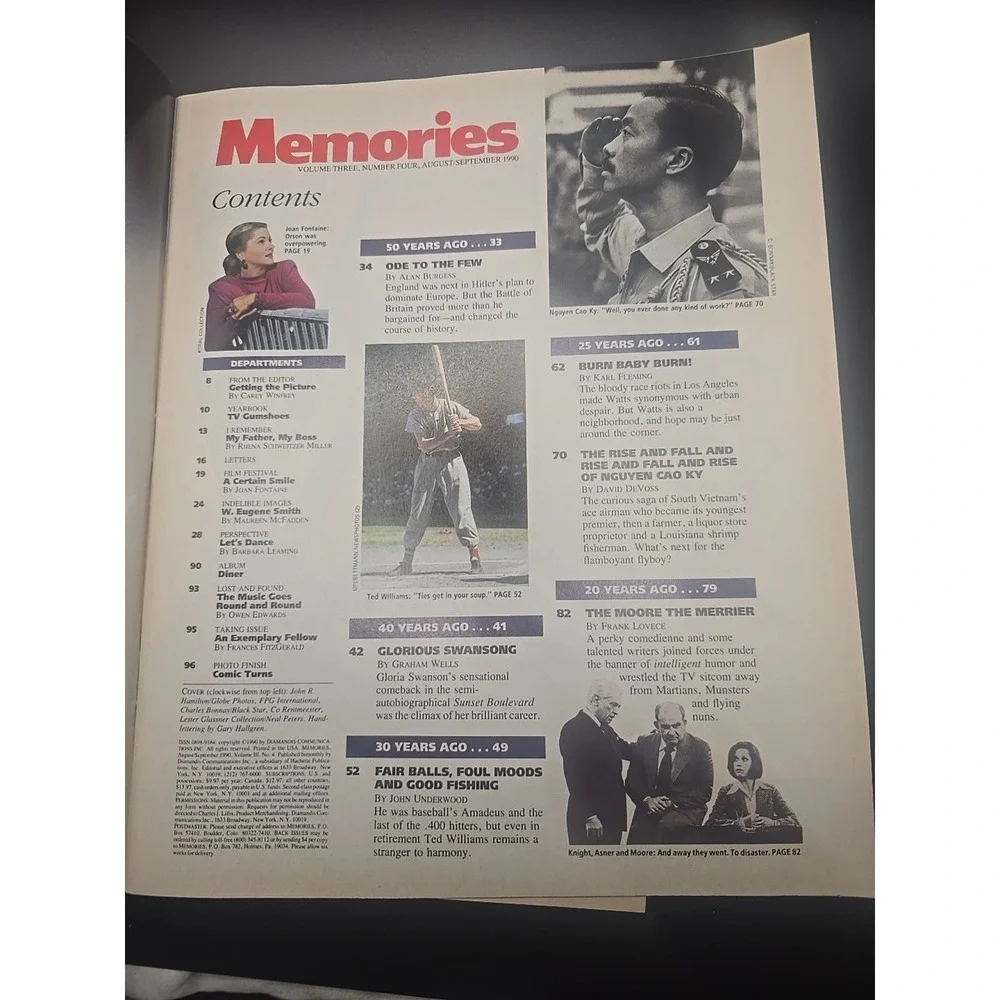 Memories Magazine August September 1990  Mary Tyler‎ Moore   Ted Williams